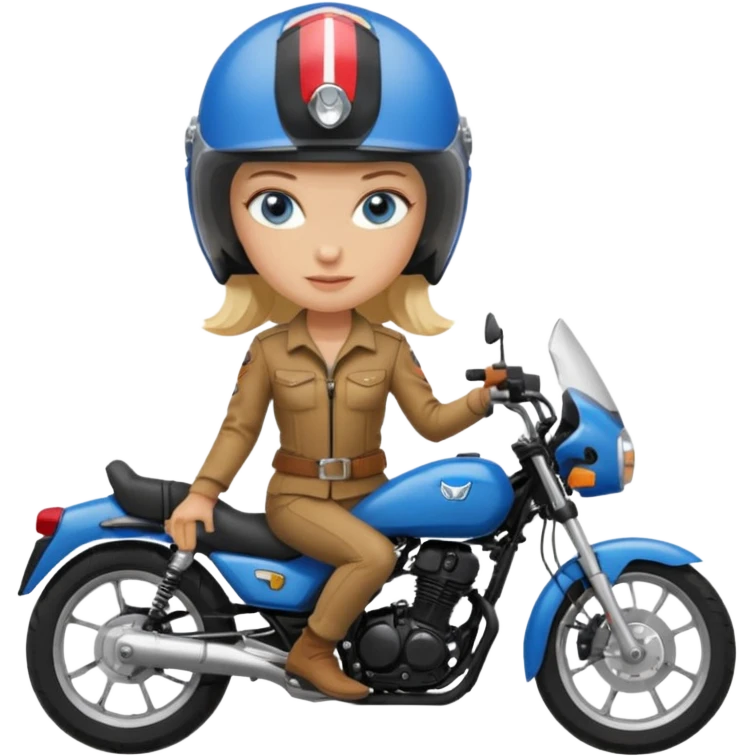 moça loira de olho azul de capacete em uma moto honda 150 preta  emoji