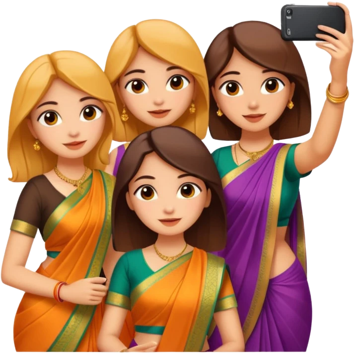 Three girls taking selfie in saree emoji