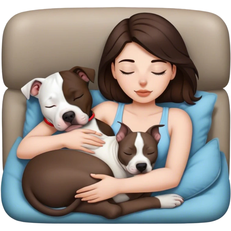 Black and white pitbull sleeping on brunette white girl's lap emoji