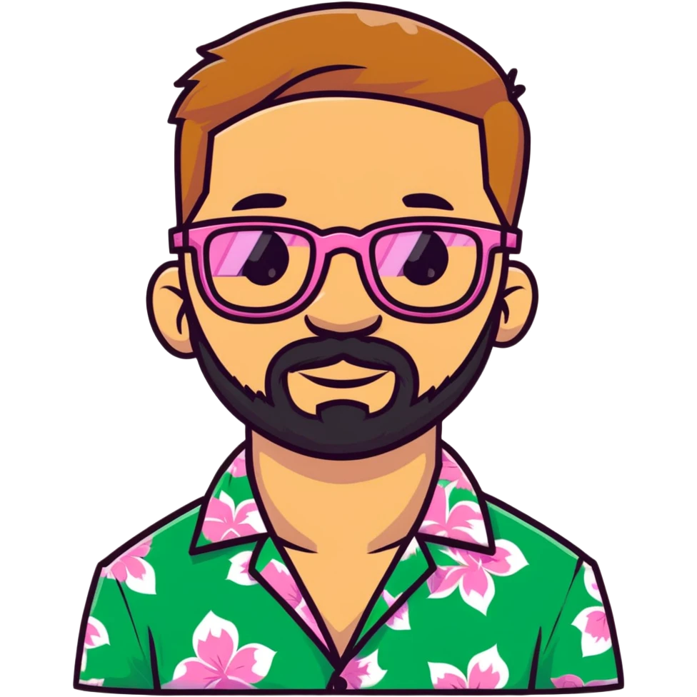 man with light skin tone, short light brown hair and beard, wearing a Hawaiian shirt and pink glasses emoji