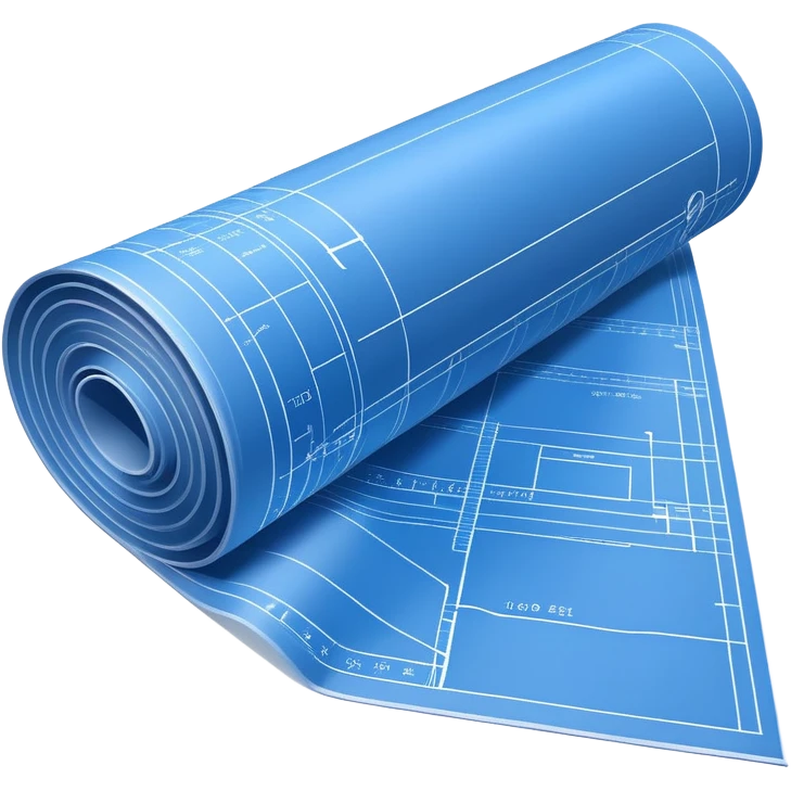 side view of a blue blueprint plan with white lines, partially unrolled emoji