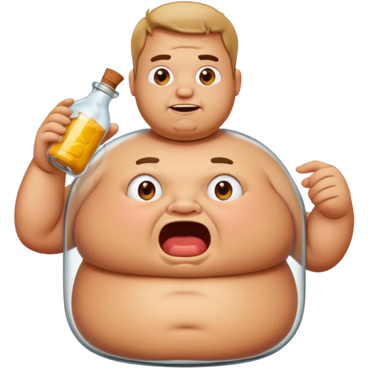 fat man squeezed inside a transparent bottle, funny and exaggerated emoji style emoji
