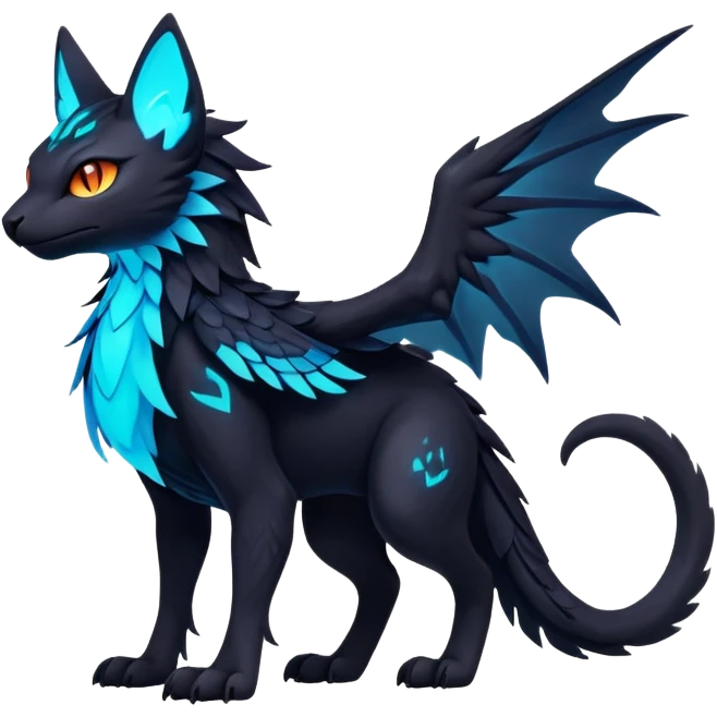 Black Dark Exotic Beaked Feathery Nocturnal Neon-glowing Abyssal Nightly Abyss-Cat-Gryphon-Salandit-Nargacuga-Silvally-Fakémon Creature (full body) emoji