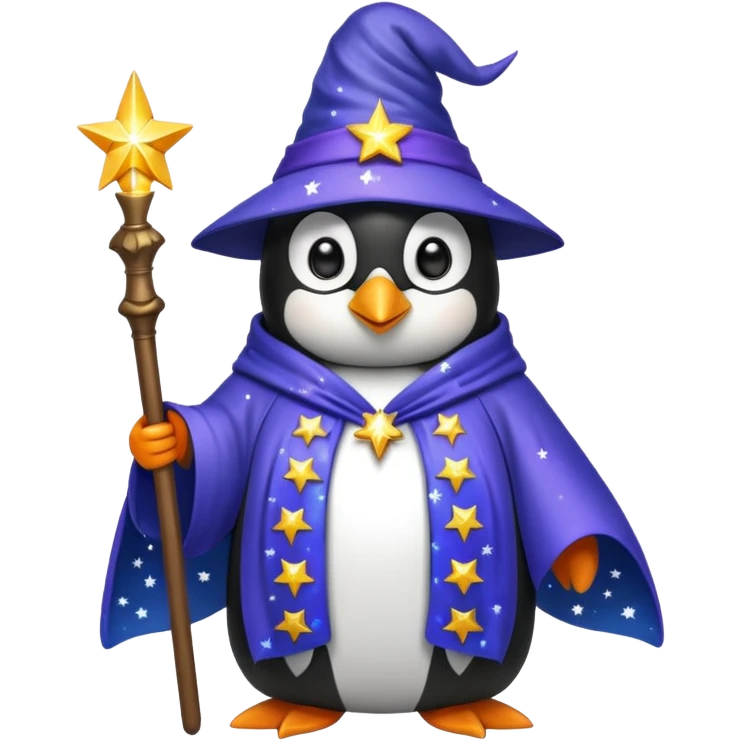 penguin wizard with a starry robe and glowing eyes emoji