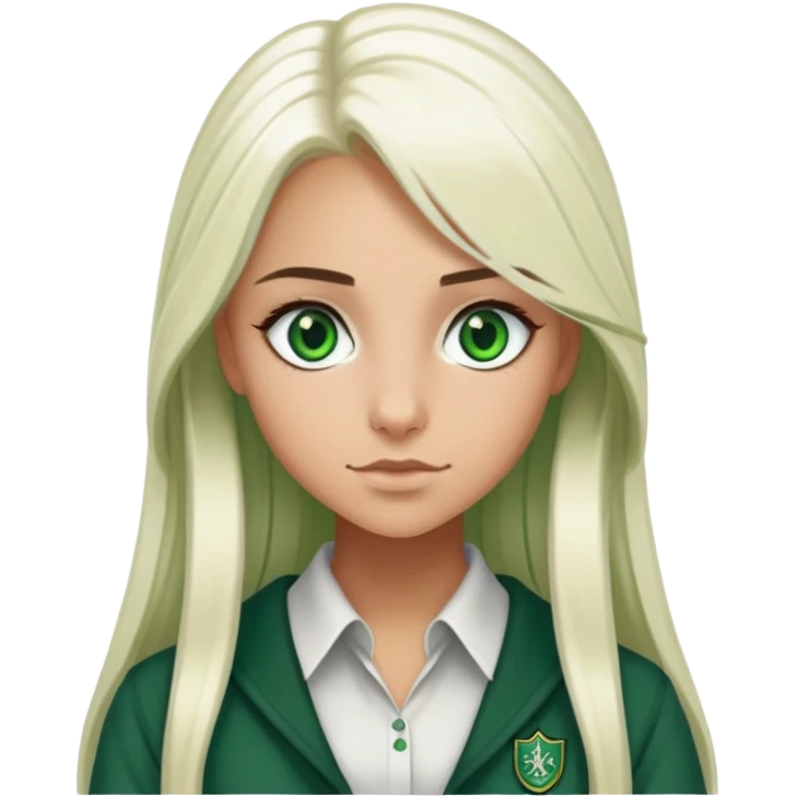 slytherin-house-student-girl-tanned-skin and super-long straight light platinum blonde hair-green eyes emoji