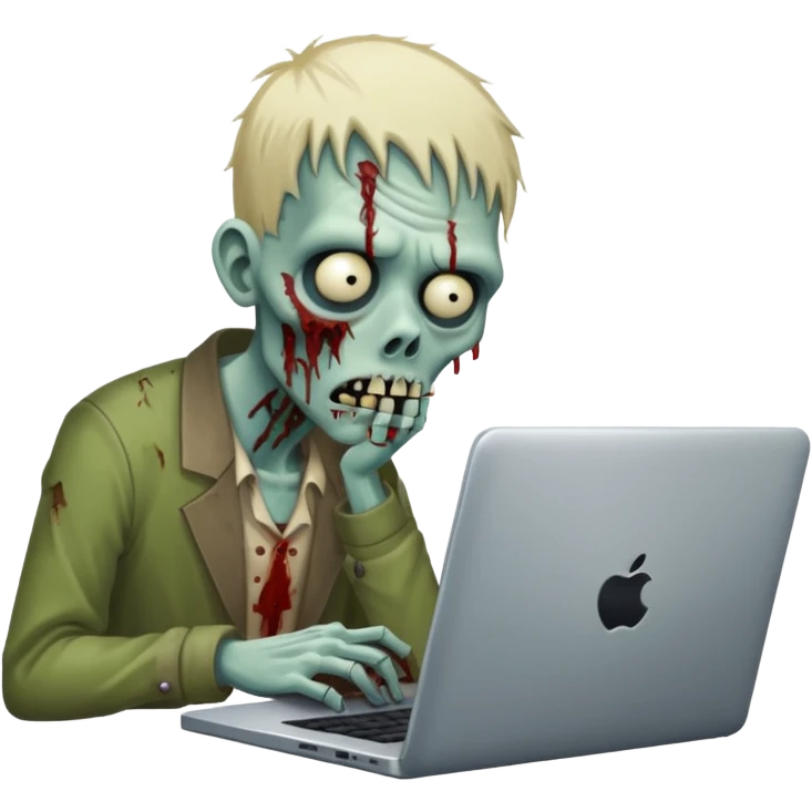 A tired sad zombie behind a laptop emoji