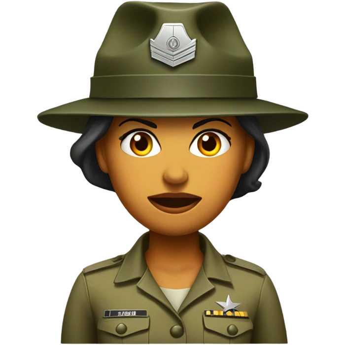 a female drill sergeant character wearing a classic sergeant hat and a camouflage army shirt. The character should have an angry intense expression. full torso emoji