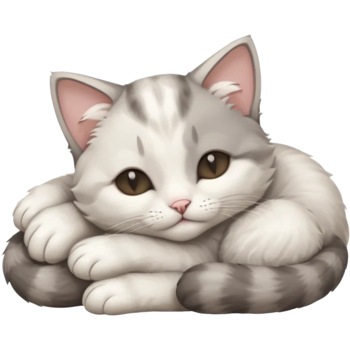 grey and white small cat with its eyes closed lying down with its paw curled and holding up his head emoji