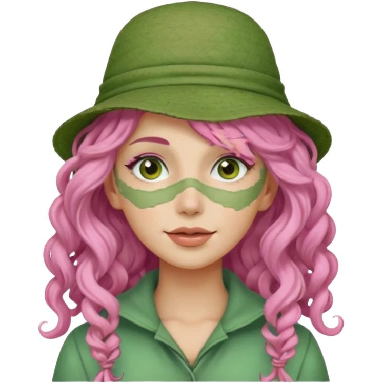 pink haired very long curly haired woman with full full face green clay mask and a hat emoji