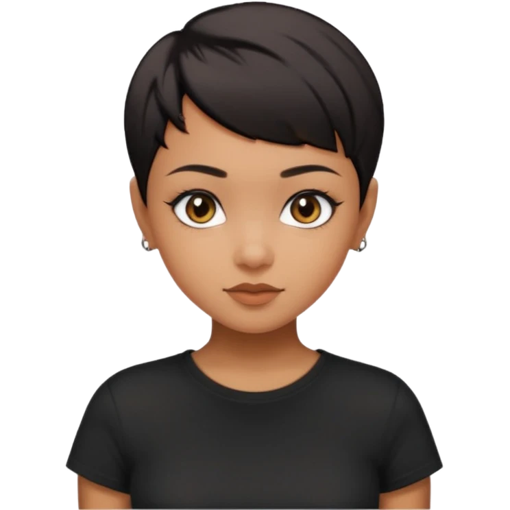 A girl with black short pixie haircut cut, dark brown eyes that almost look like black, caramel tone skin colour. Wearing a black t-shirt.  emoji