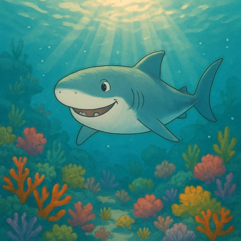A friendly shark swimming through a beautiful underwater scene with coral reefs and sunlight filtering through the water, painted in a whimsical and soft style emoji