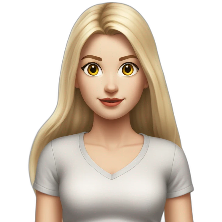 hyperrealist caucasian girl, long straight blonde hair, white v-neck laced crop top, grey tight micro skirt, walking towards camera emoji