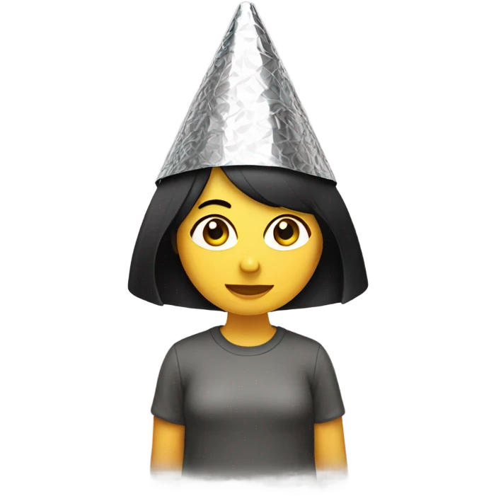 Girl with black hair wearing an aluminum foil cone hat emoji