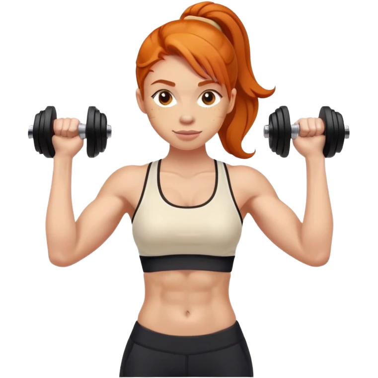 Ginger gym girl standing sideways with dumbbells and cream tank top emoji