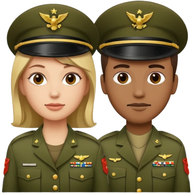 one emoji (female) wearing Army combat uniform and a second emoji (male) wearing the army green service uniform emoji