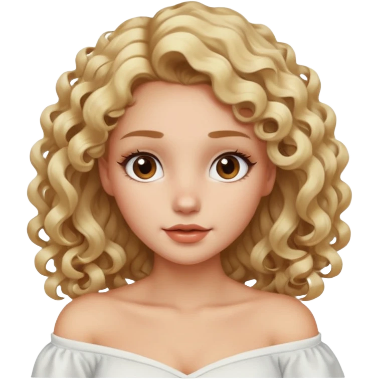 exaggerated features of woman with curly long blond hair, brown eyes, wearing an off-shoulder top,  emoji