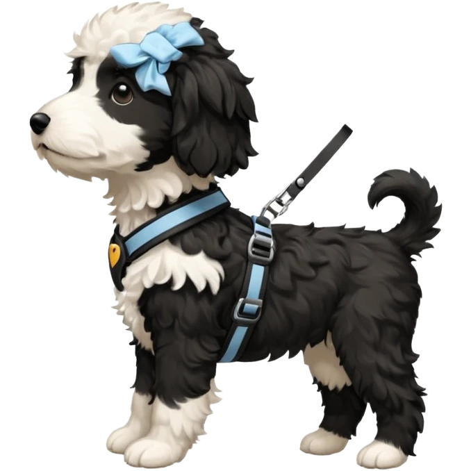Black and white aussiedoodle puppy in side profile wearing harness no brown fur emoji