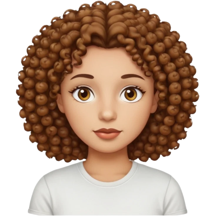 
professional, curly brown lady with hazel eyes, a little dot on the top of the left lip, a normal t shirst emoji
