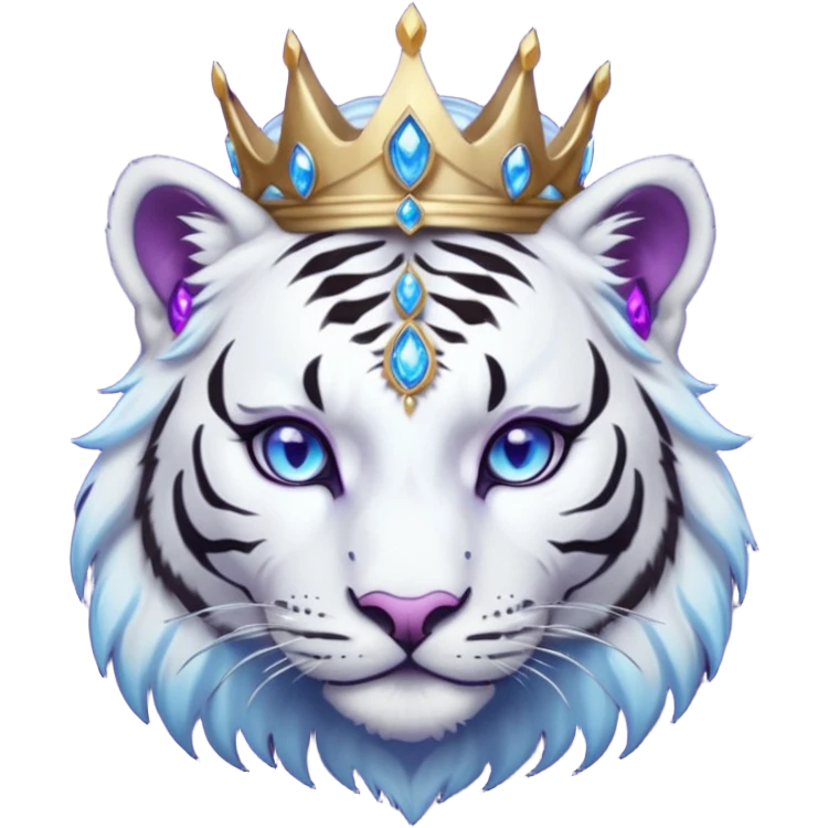 ESO Female white/black tiger khajiit leader of the umbral rose, glowing blue eyes, glowing blue 'third eye' gem; silver crown/tiara with purple gems emoji