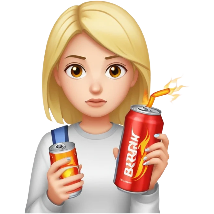 female student holding Burn energy drink can, tired face emoji