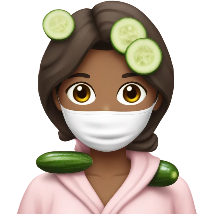 Brunette girl with a face mask on and cucumbers on her eyes and a light pink robe emoji