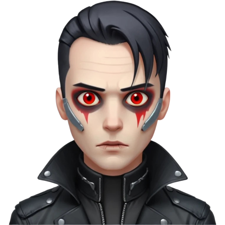 Cyberpunk man, slicked hair, silver metal jaw prosthetic, glowing red eyes, cold expression, clinical lighting emoji