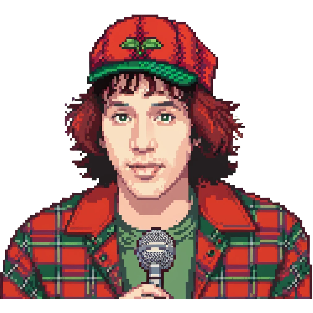 Nardwuar with red plaid hat interviewing emoji