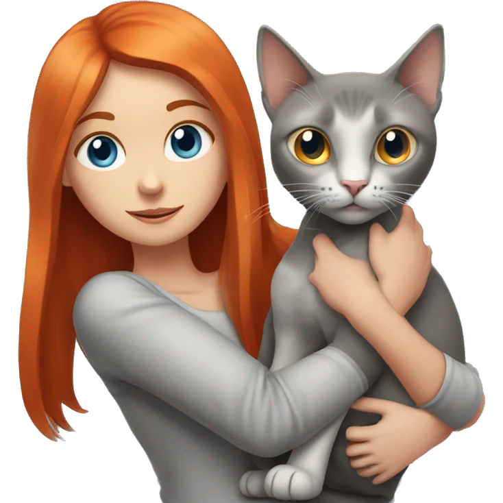 a red-haired girl with blue eyes holds a gray cat with orange eyes and very large ears in her arms emoji