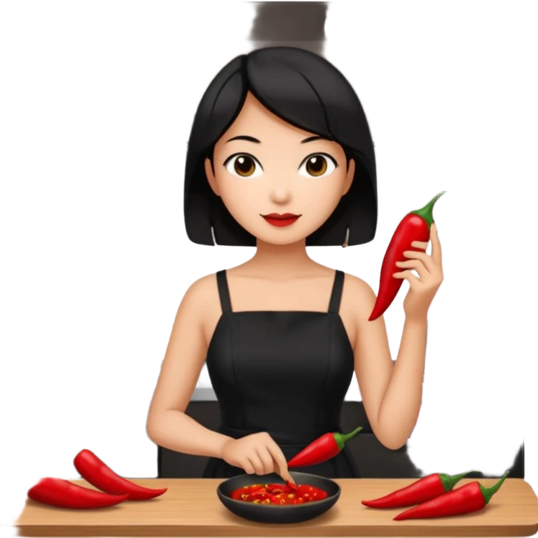 asian black short shoulder length hair tanned woman, black dress cooking, holding chili pepper emoji
