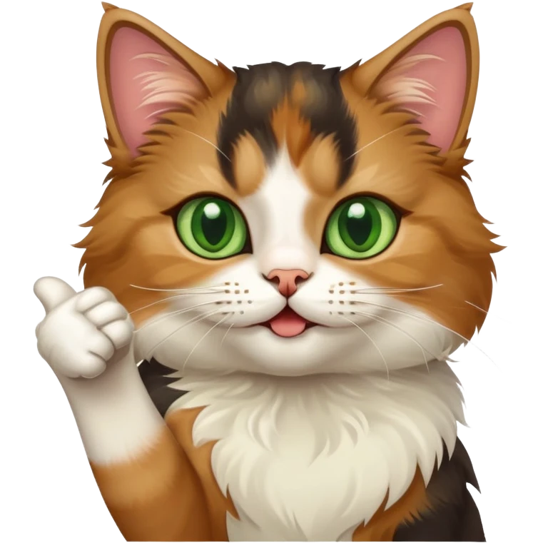 tricolor fluffy cat with big green eyes giving thumbs up emoji