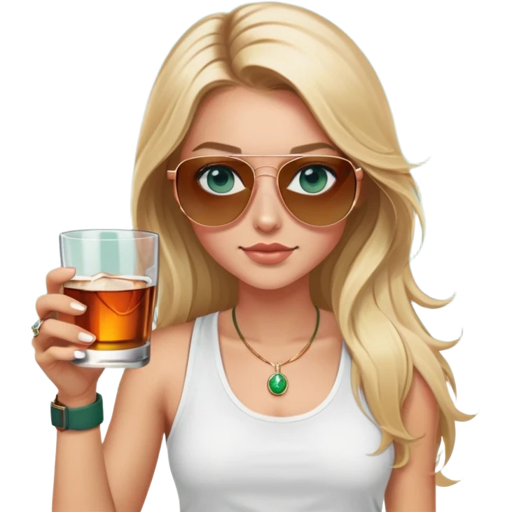 girl with long blond hair
with blue eyes
and aviator sunglasses
wearing white tank top 
holding a glass of whiskey 
wearing (rose gold apple watch with forest green band) emoji