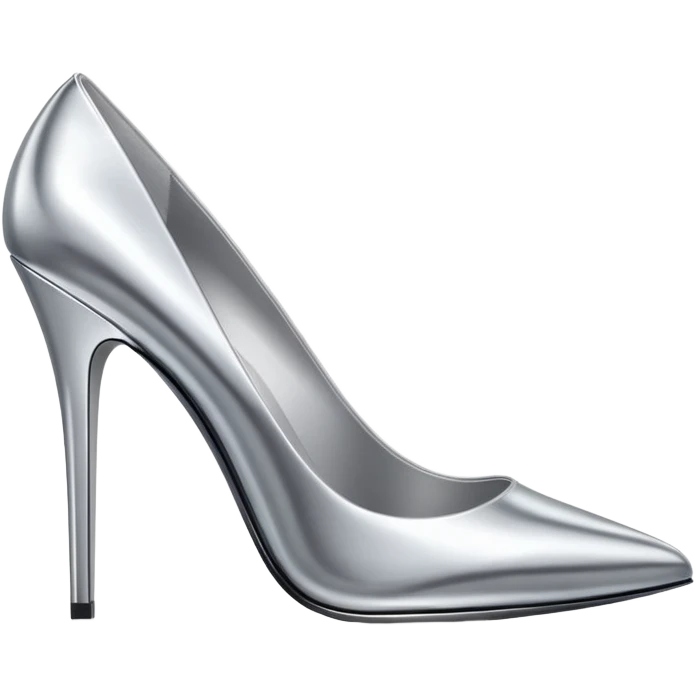 A pair of high heel shoes emoji made of polished silver chrome, elegant sharp silhouette, smooth metallic surface, glossy reflections, luxury sexy vibe, minimalistic iOS emoji style, centered, clean white background emoji