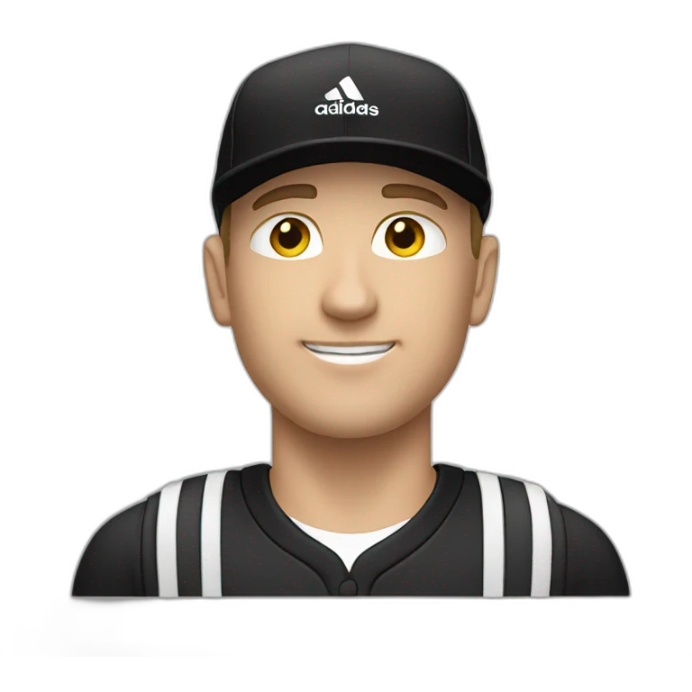 white man with a black adidas cap that has a white logo emoji