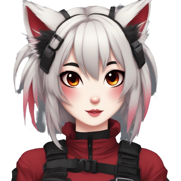 Gorgeous gothic dark techwear anime style anthro cat furry sona with blushing face aesthetic and pretty edgy black red punk messy ponytail hair with collar and harness trending style emoji