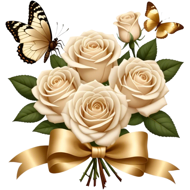 A bouquet of white Ascott tea roses next to a beige aesthetic and a brown beautiful butterfly and a gold silk ribbon emoji