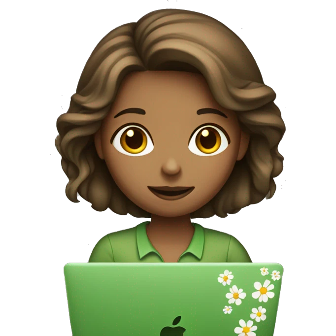 Brown hair girl with a green shirt with a flower on it working on a MacBook  emoji
