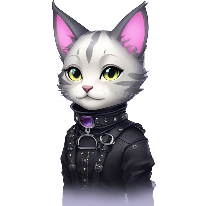 Gorgeous sparkly epic magical gradient gothic dark techwear anime style anthro cat with blushing face aesthetic and pretty edgy black with collar and harness trending style emoji