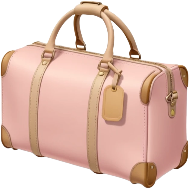 Pastel pink luggage tag attached to a beige leather duffle bag, soft shadows emoji