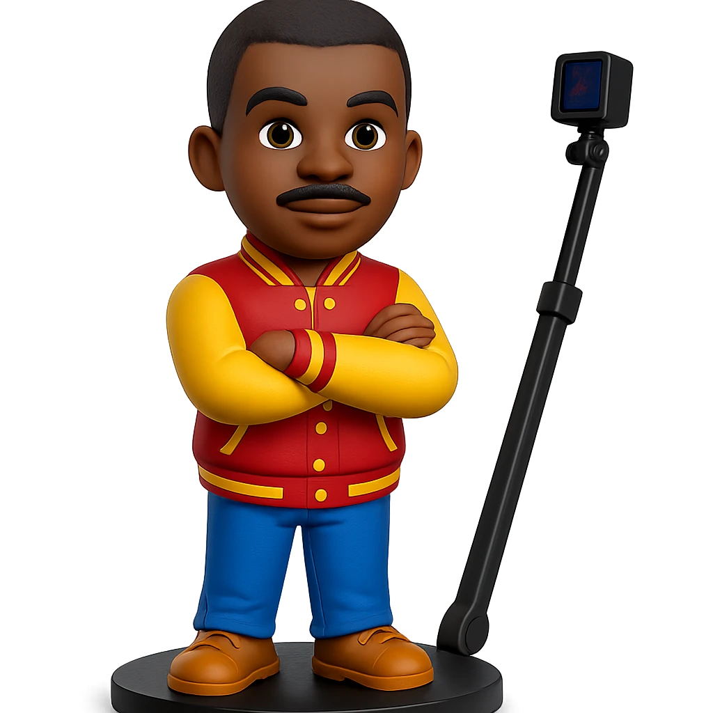 Edit the male African American emoji with a letterman jacket, pencil mustache, and arms crossed. Place him in a 3D cartoon style, standing on a 360 spin booth platform with a rotating camera arm visible. Keep the background transparent. The style should resemble a 3D cartoon look with clear details and vibrant colors. emoji