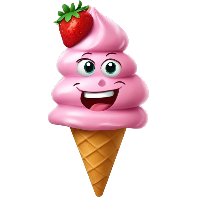 a scoop of strawberry gelato on a sugar cone with an animated eyes and smiling mouth emoji