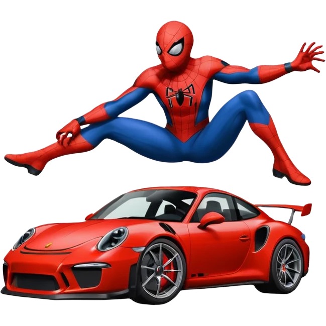Die-cut sticker of Spider-Man sitting on a Porsche 911 GT3 RS, bold vector art, thick white border, isolated on green hilly background. emoji