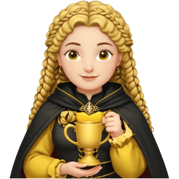 Helga Hufflepuff, 2 curly thick brown braids, yellow-black medieval dress, black cloak decorated with gold braiding, tiny two-handled shiny yellow-gold cup, very kind smile, curvy busty sweet woman, thick rosy cheeks emoji