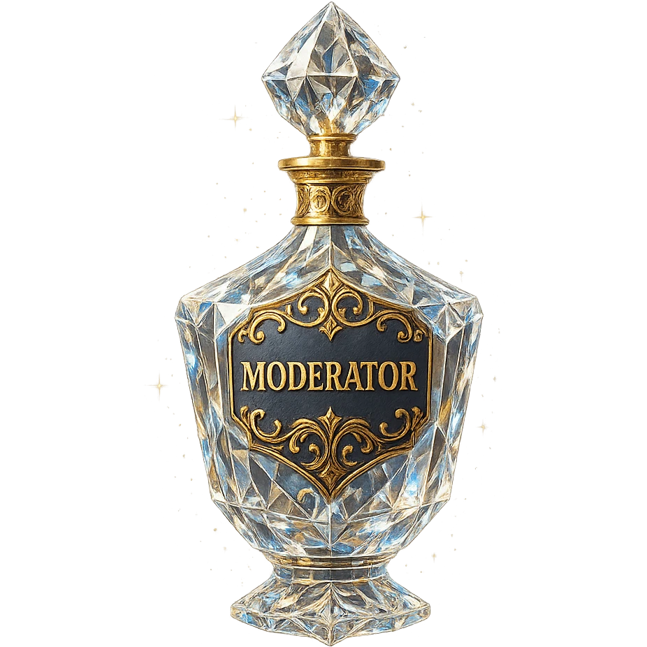 luxurious crystal elixir bottle with the inscription 'Moderator', modern design, lots of shining, facets, ornaments, golden details, magical effects, very small golden neck, transparent background, beautiful seamless bottom, bottle clearly floating in the air without base or shadow, premium class impression, exclusive design matching a collection of crystal, luxurious, magical bottles emoji
