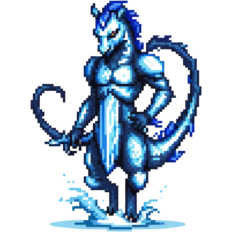 Black ninja water horse with dark blue magical water swirling around it, sharp spikes on its body, battle stance emoji