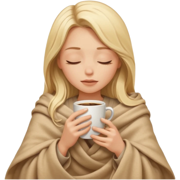 Blonde girl long hair inside a beige blanket sipping coffee eyes closed emoji