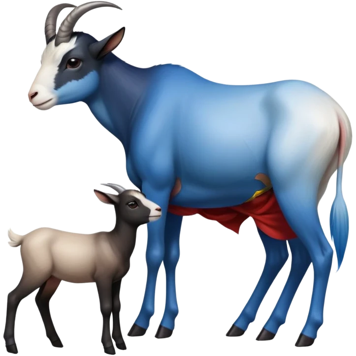 Art of a human white womans body scheme anatomy-very long and straight black to blue hair ombre with-tiny goat antlers-leaning back on knees-superman standing on her right-looking at each other emoji