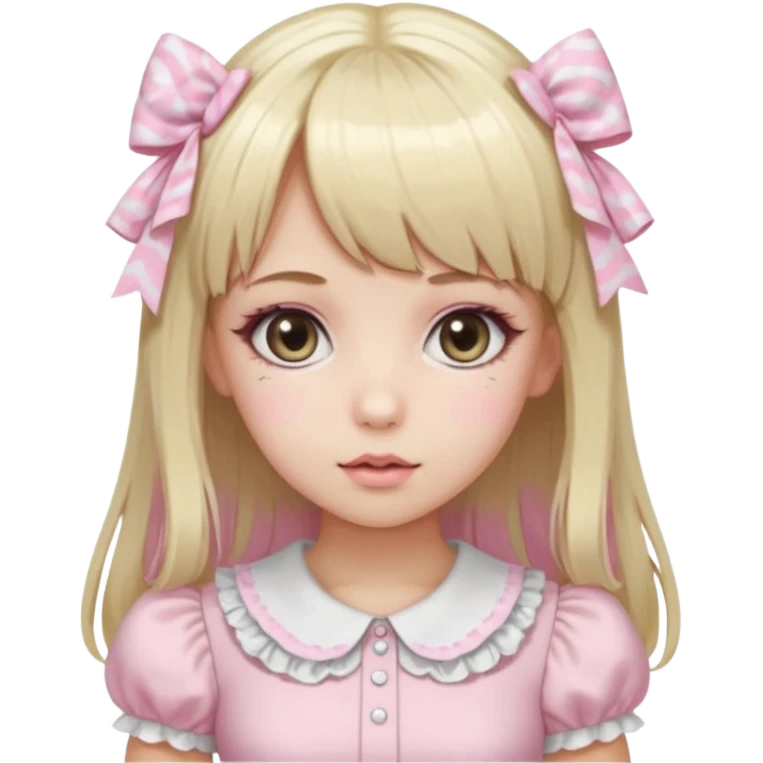 pale girl , who has straight hair medium length blonde and baby pink swirled hair with bangs , grey eyes , and doll like makeup , in a light pink lolita hime gyaru dress emoji | AI Emoji Generator emoji
