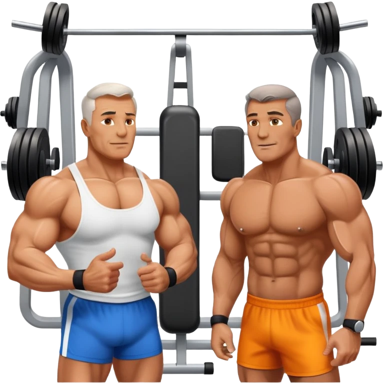 50 year old muscular fathers talking in a gym emoji