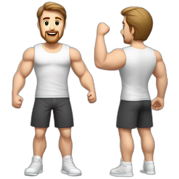 Full height realistic Actively gesturing with hands Pale skinned Fit Man With the biceps and brown hair in dark gray Sleeveless Mike, black oversize sports shorts, watch and white Sneakers emoji