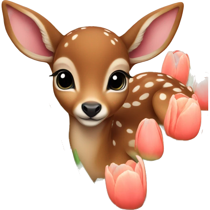 a baby deer laying in a field of tulips emoji